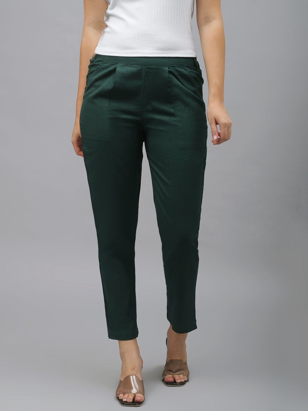 Me Craft Women Regular Fit Bottle Green Cotton Blend Trousers