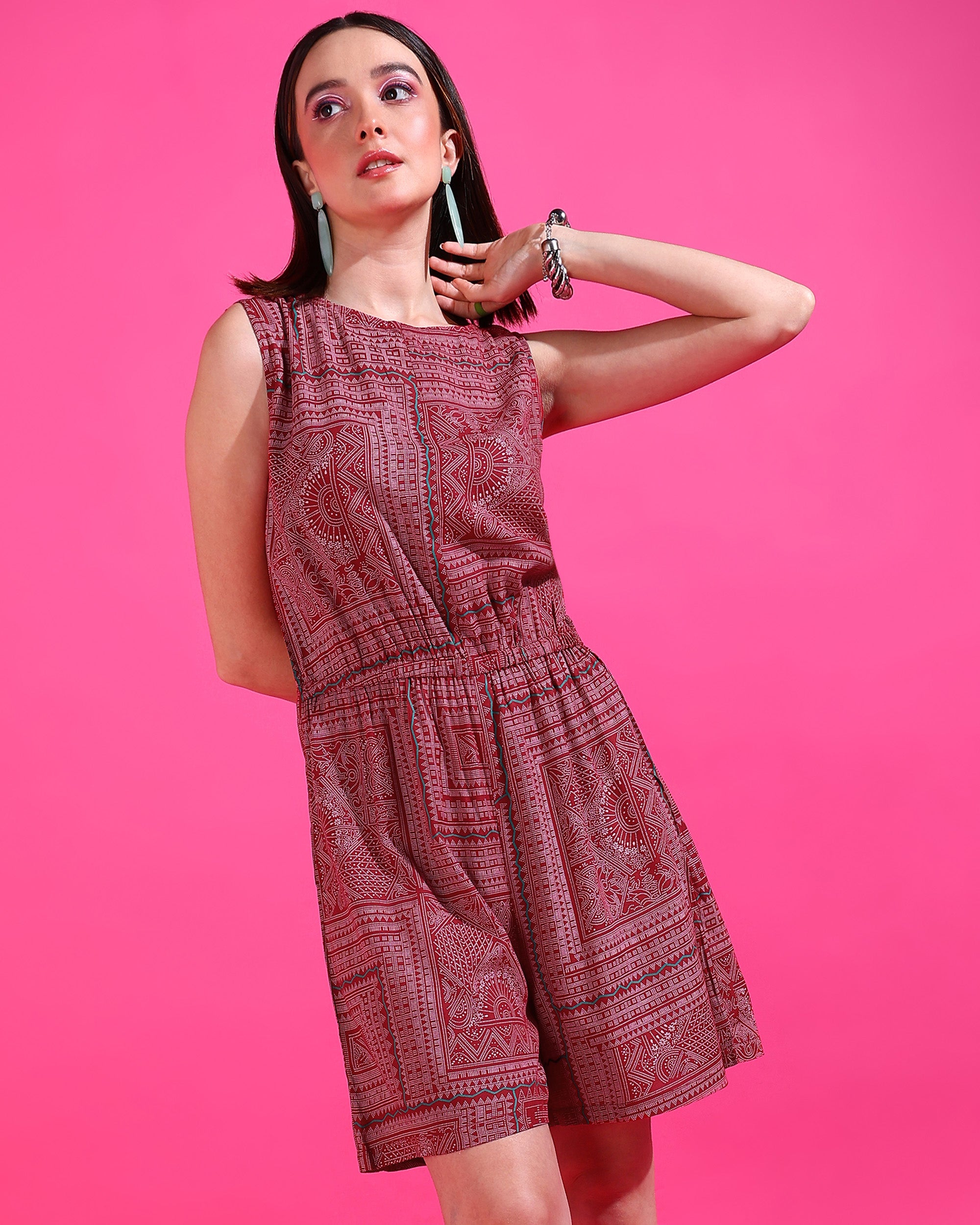Me Craft Maroon Printed Short Jumpsuit For Women