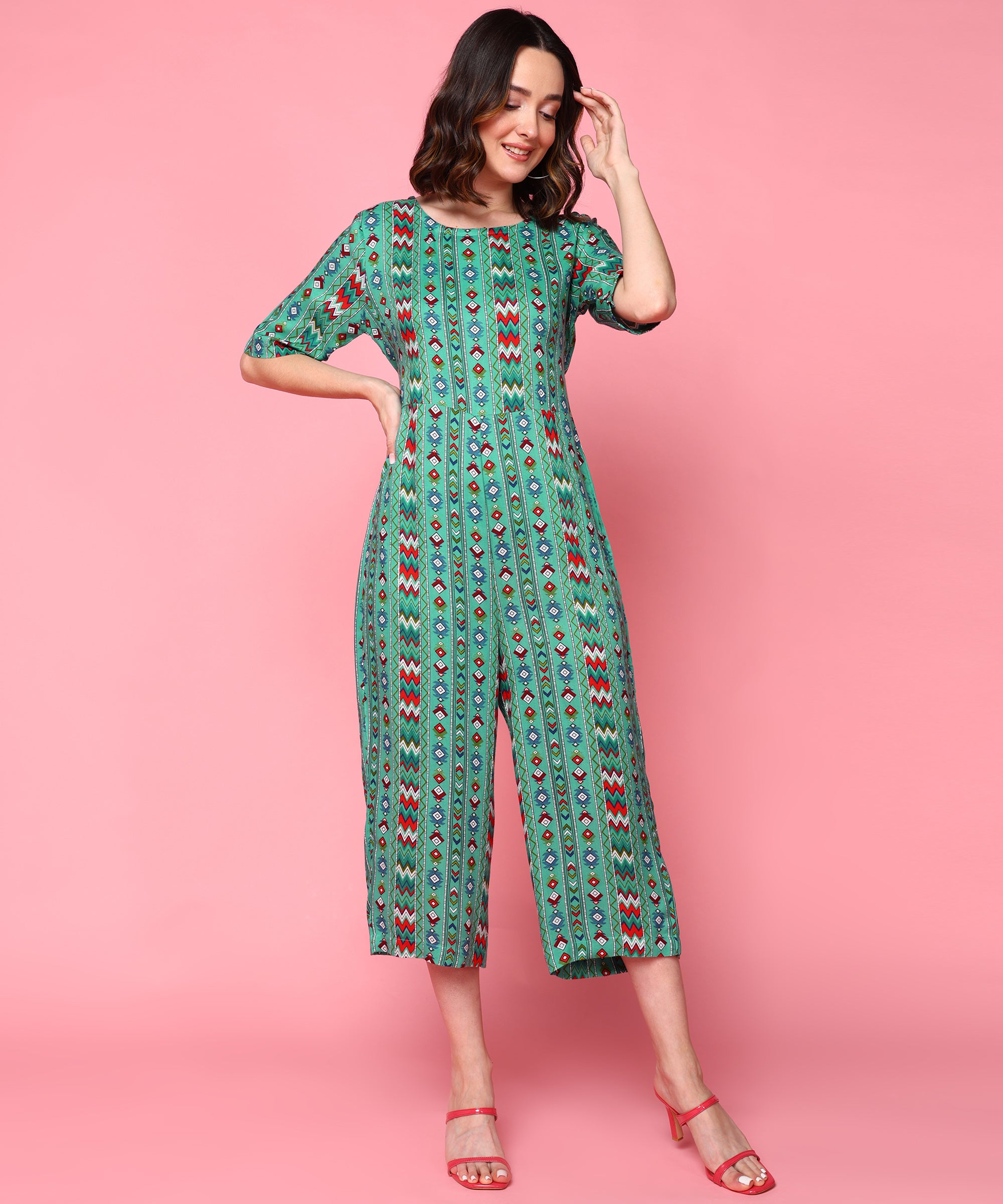 Me Craft Green Printed Jumpsuit For Women