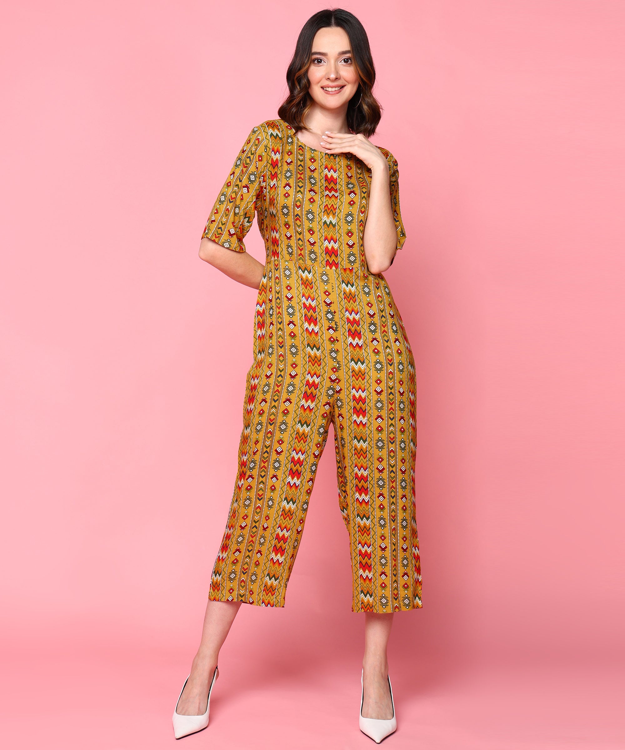 Me Craft Yellow Printed Jumpsuit For Women