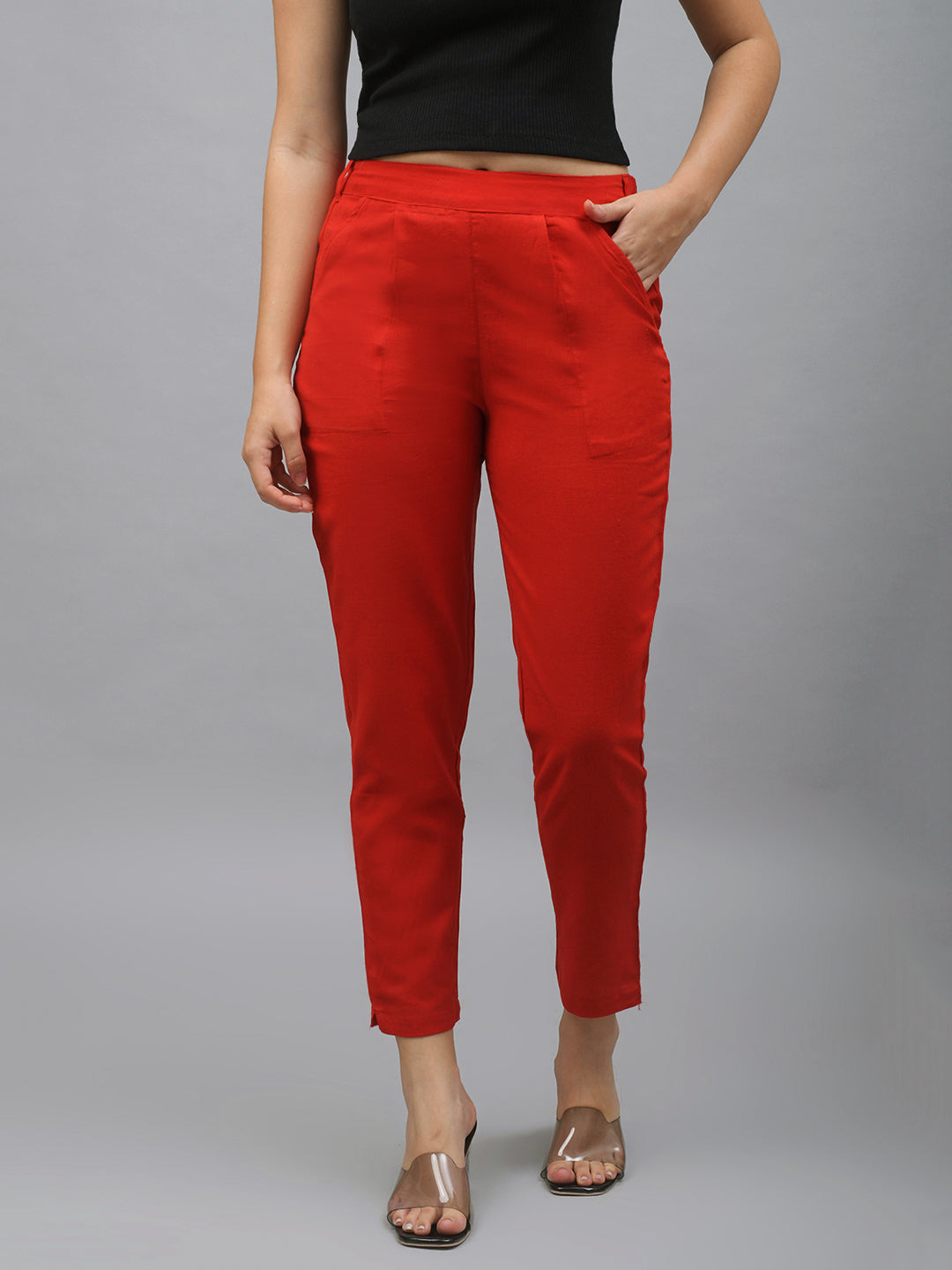 Me Craft Women Regular Fit Red Cotton Blend Trousers