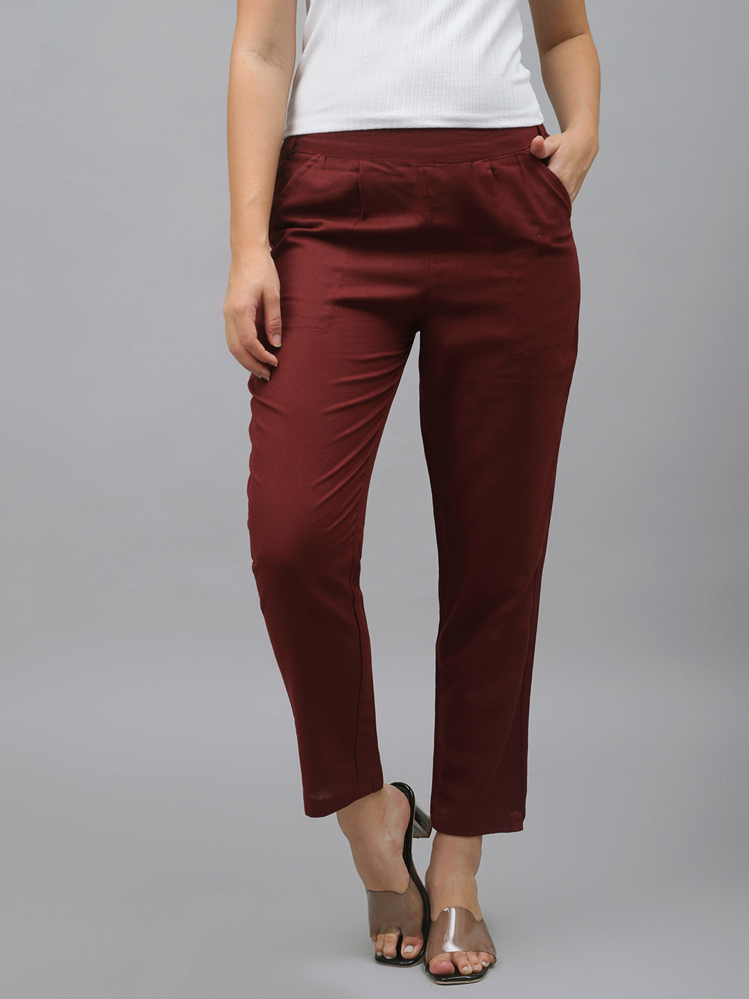 Me Craft Women Regular Fit Maroon Cotton Blend Trousers