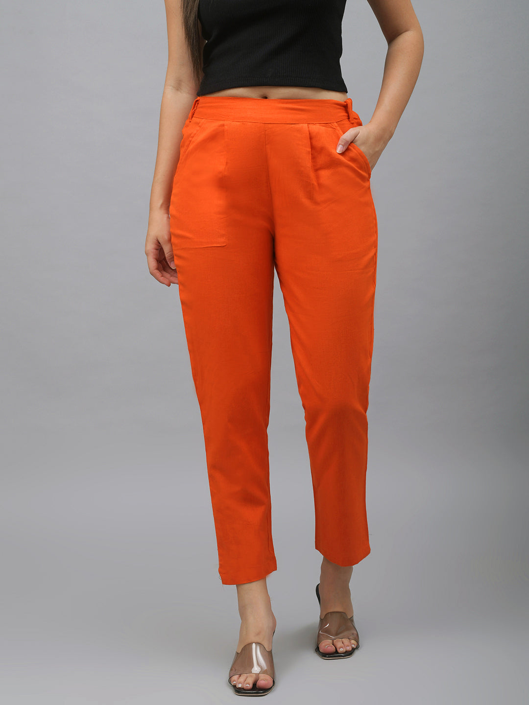 Me Craft Women Regular Fit Orange Cotton Blend Trousers