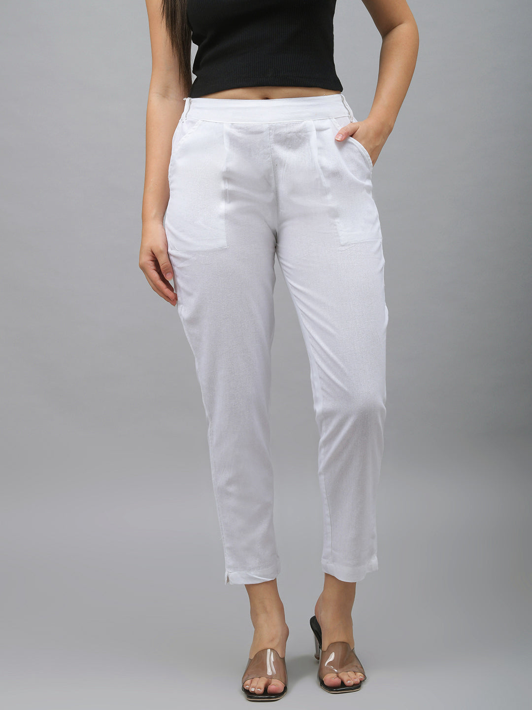 Me Craft Women Regular Fit White Cotton Blend Trousers