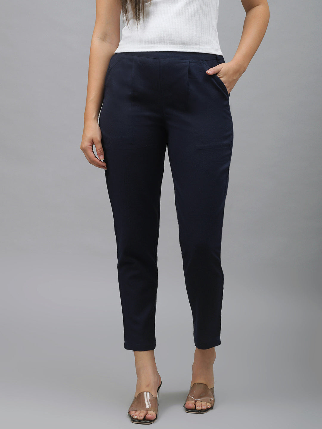 Me Craft Women Regular Fit Navy Blue Cotton Blend Trousers