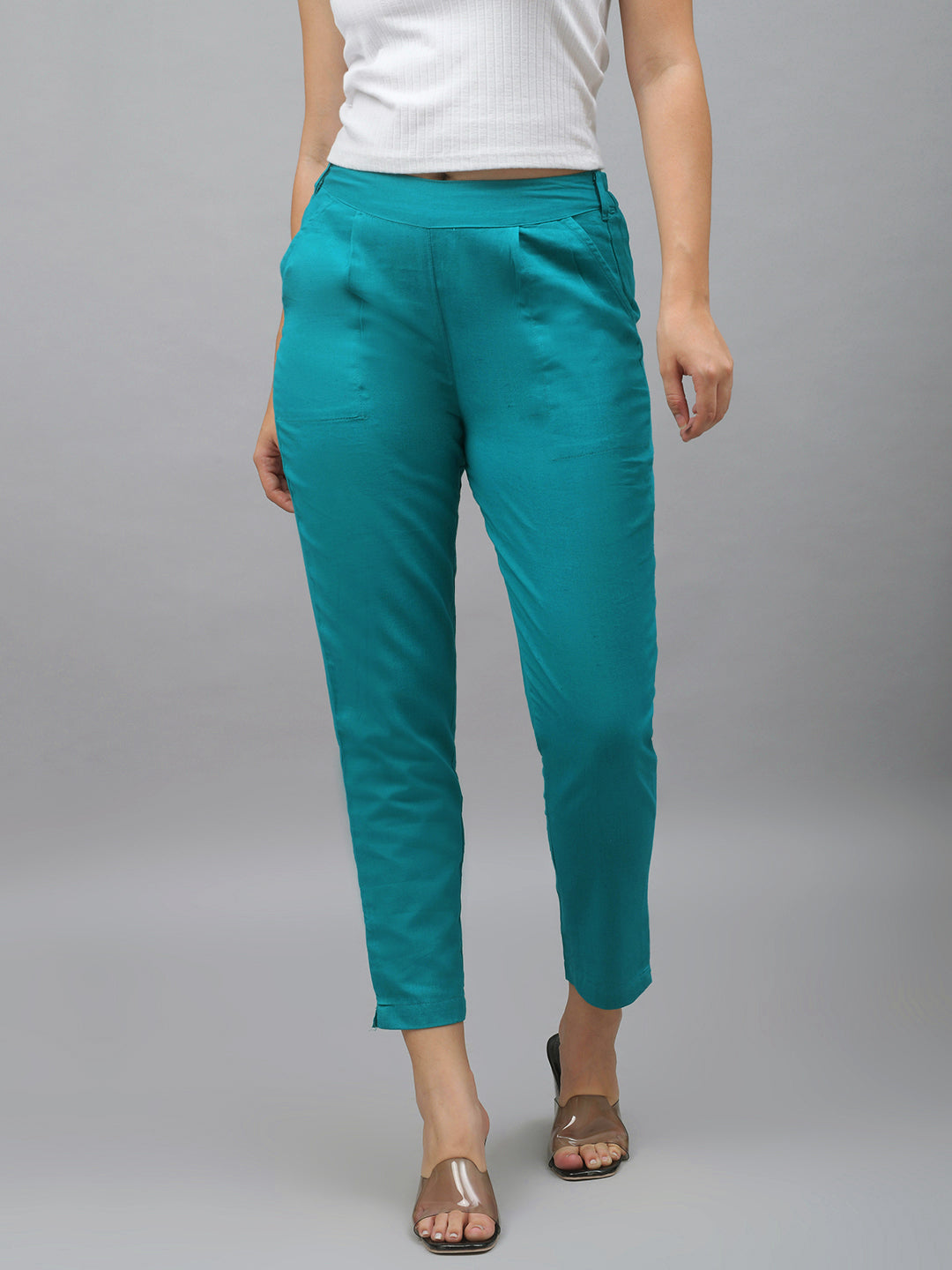 Me Craft Women Regular Fit Turquoise Blue Cotton Blend Trousers