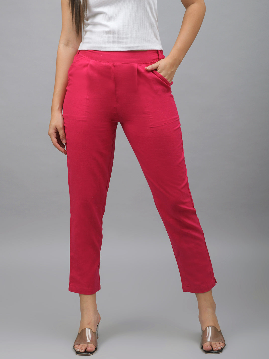 Me Craft Women Regular Fit Pink Cotton Blend Trousers