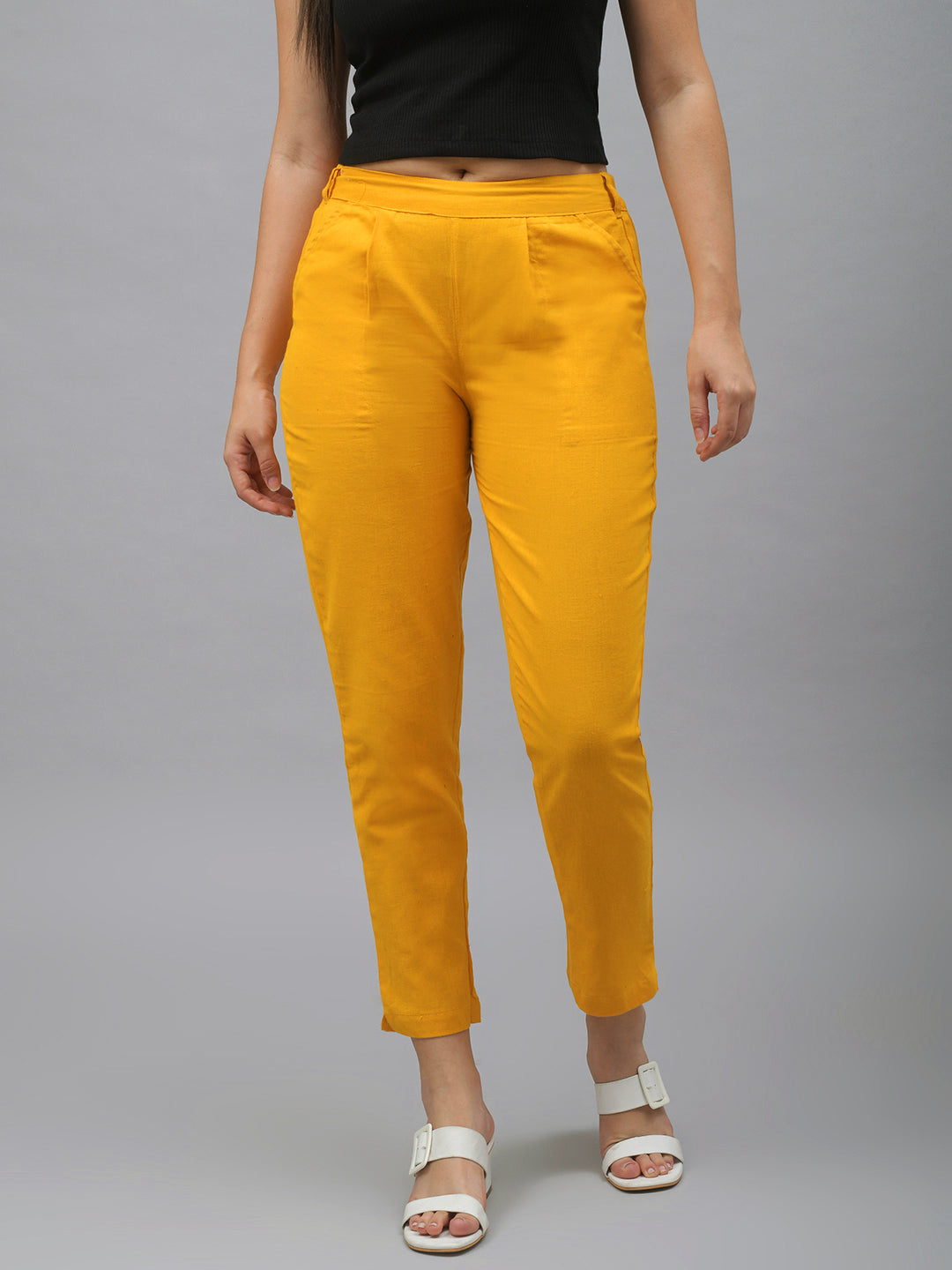 Me Craft Women Regular Fit Yellow Cotton Blend Trousers