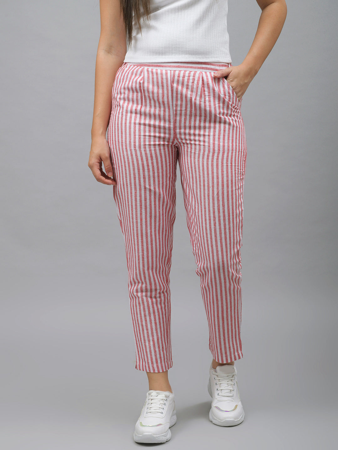 Me Craft Women Regular Fit Red Striped Cotton Blend Trousers