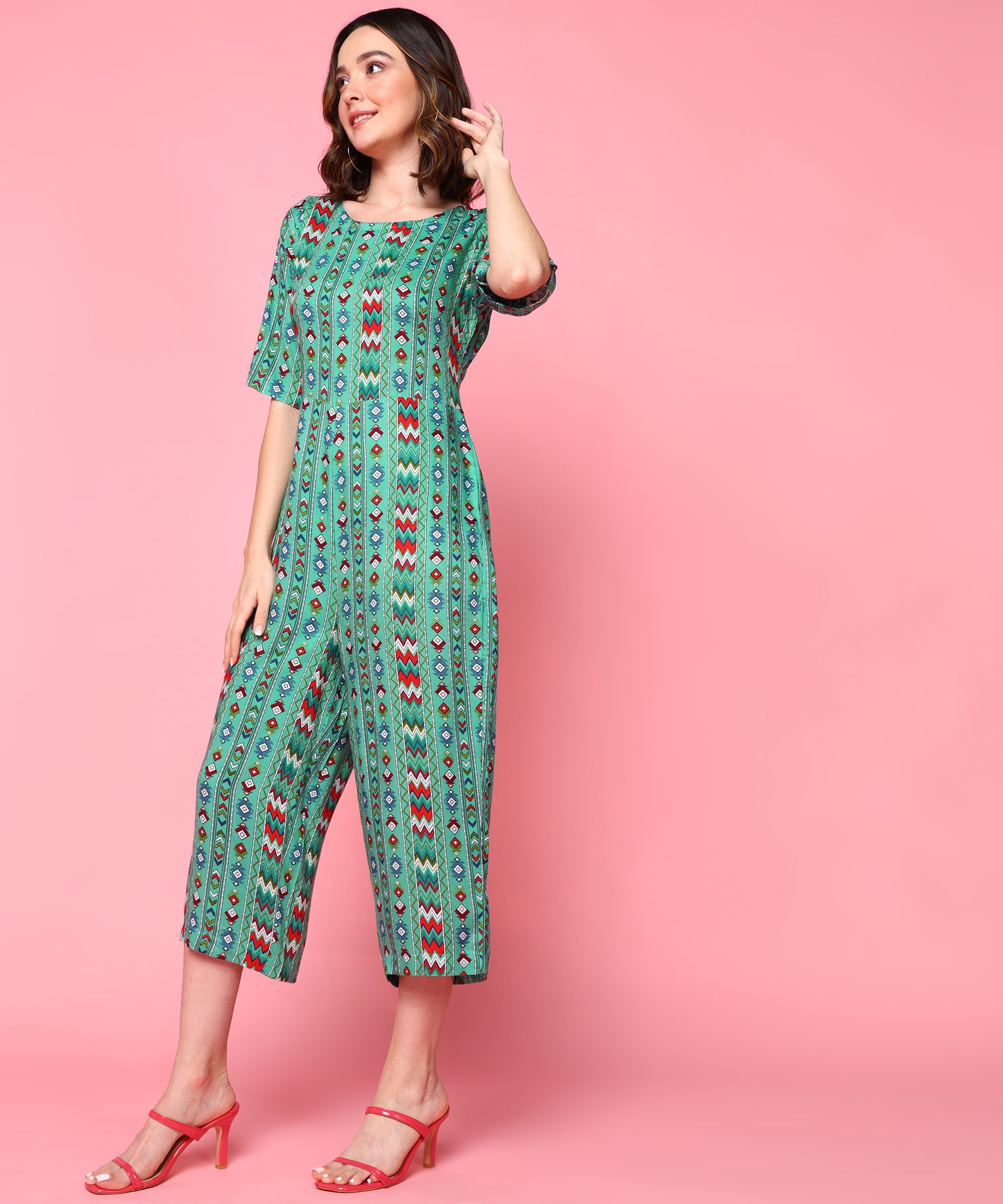 Me Craft Green Printed Jumpsuit For Women