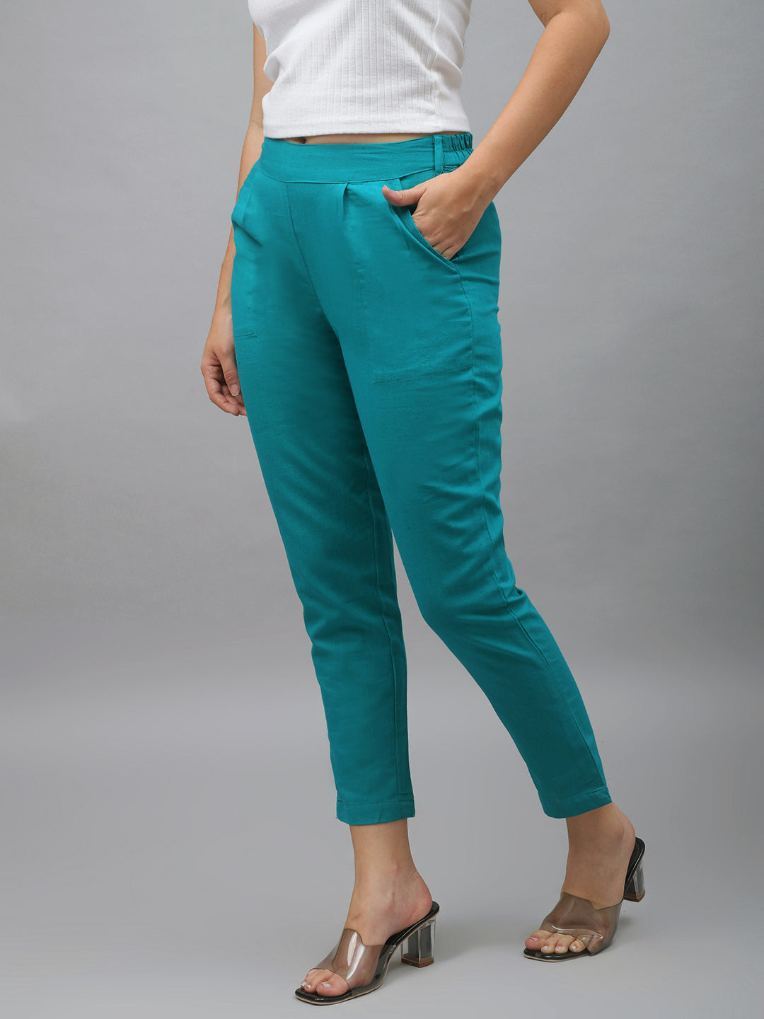 Me Craft Women Regular Fit Turquoise Blue Cotton Blend Trousers