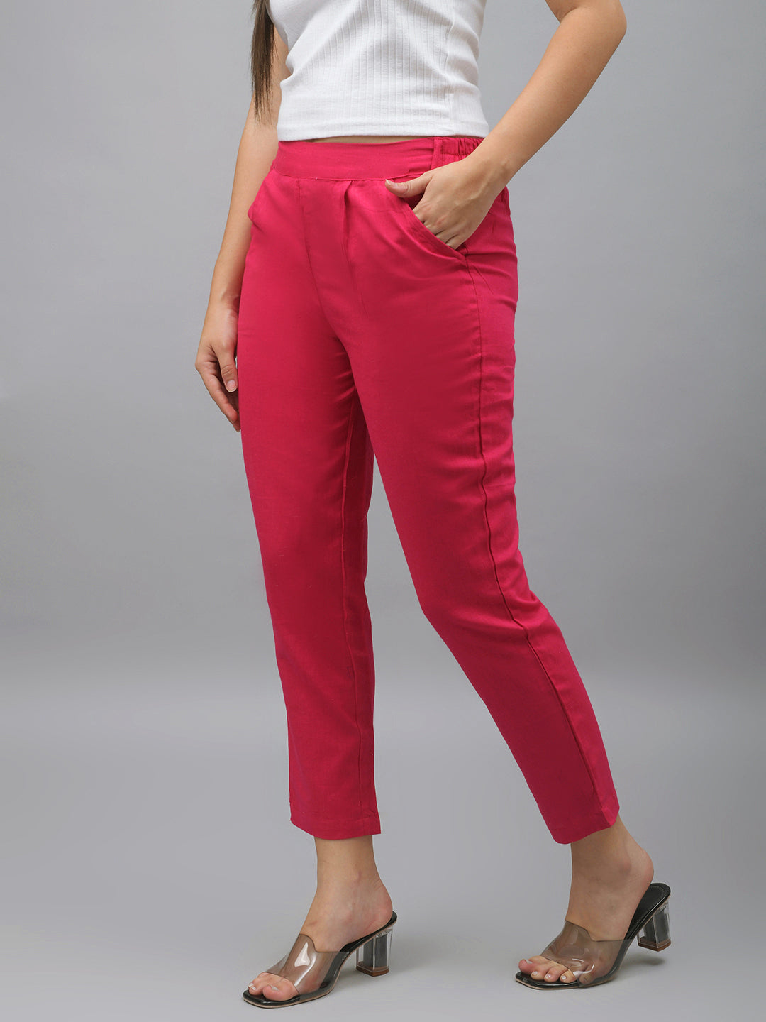 Me Craft Women Regular Fit Pink Cotton Blend Trousers