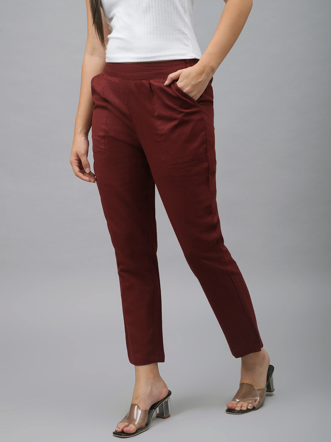 Me Craft Women Regular Fit Maroon Cotton Blend Trousers