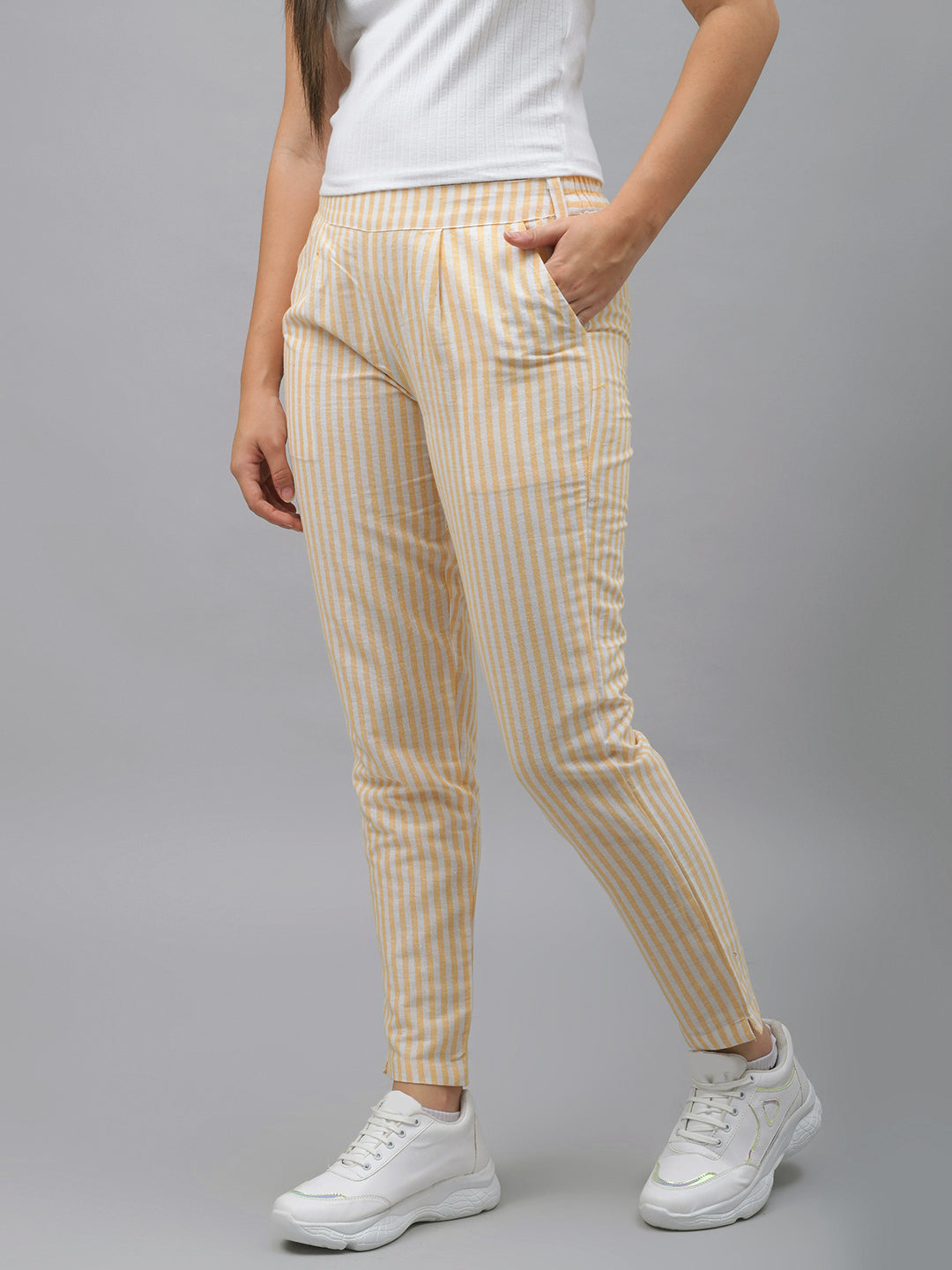 Me Craft Women Regular Fit Orange Striped Cotton Blend Trousers