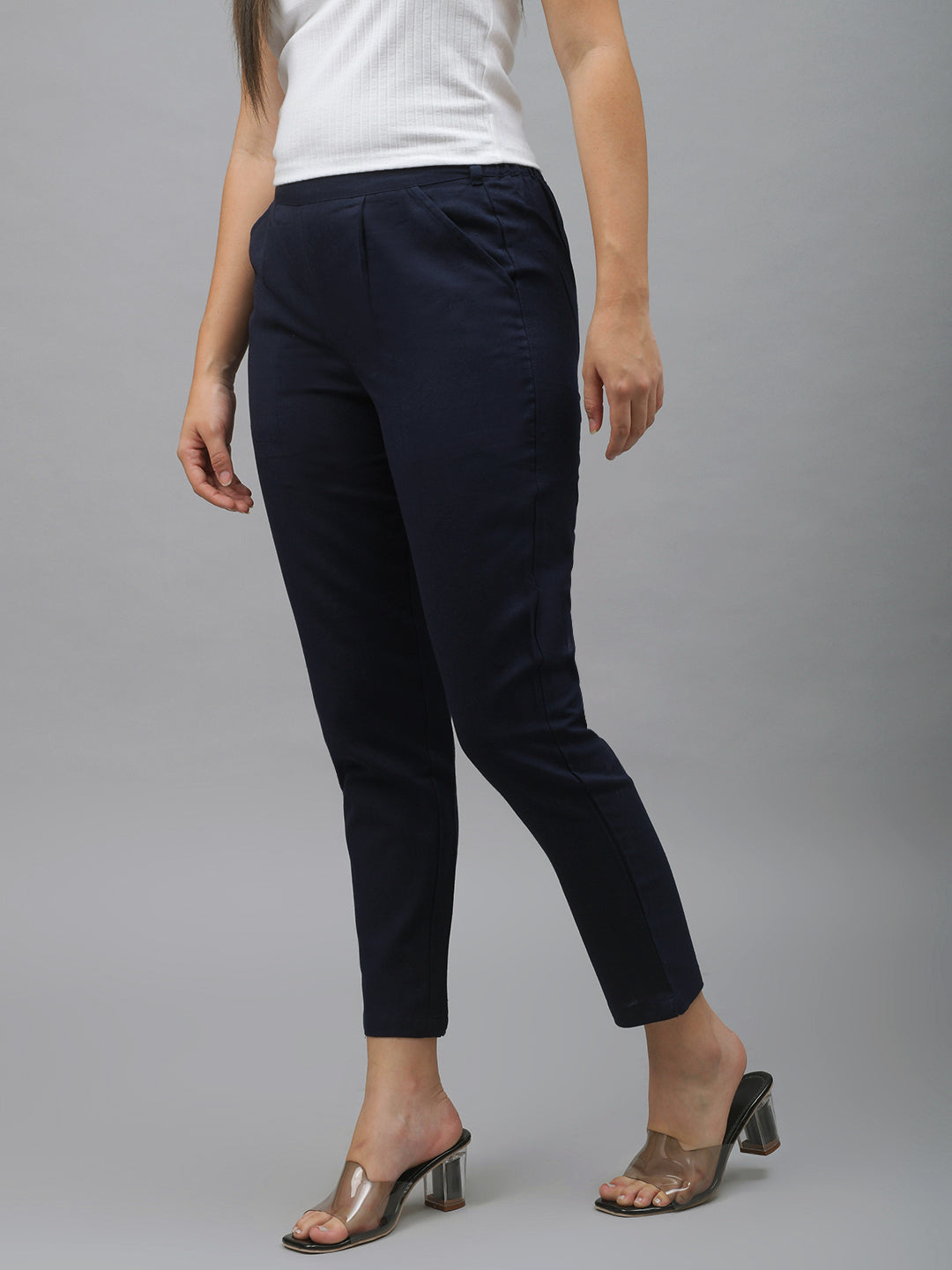 Me Craft Women Regular Fit Navy Blue Cotton Blend Trousers