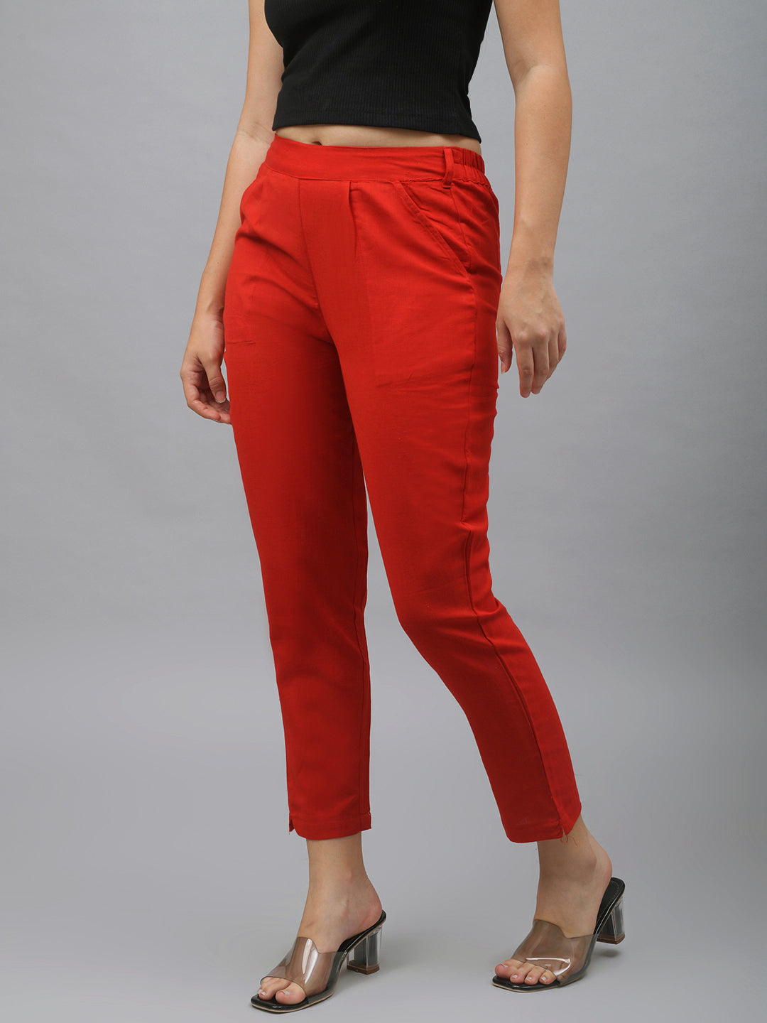 Me Craft Women Regular Fit Red Cotton Blend Trousers