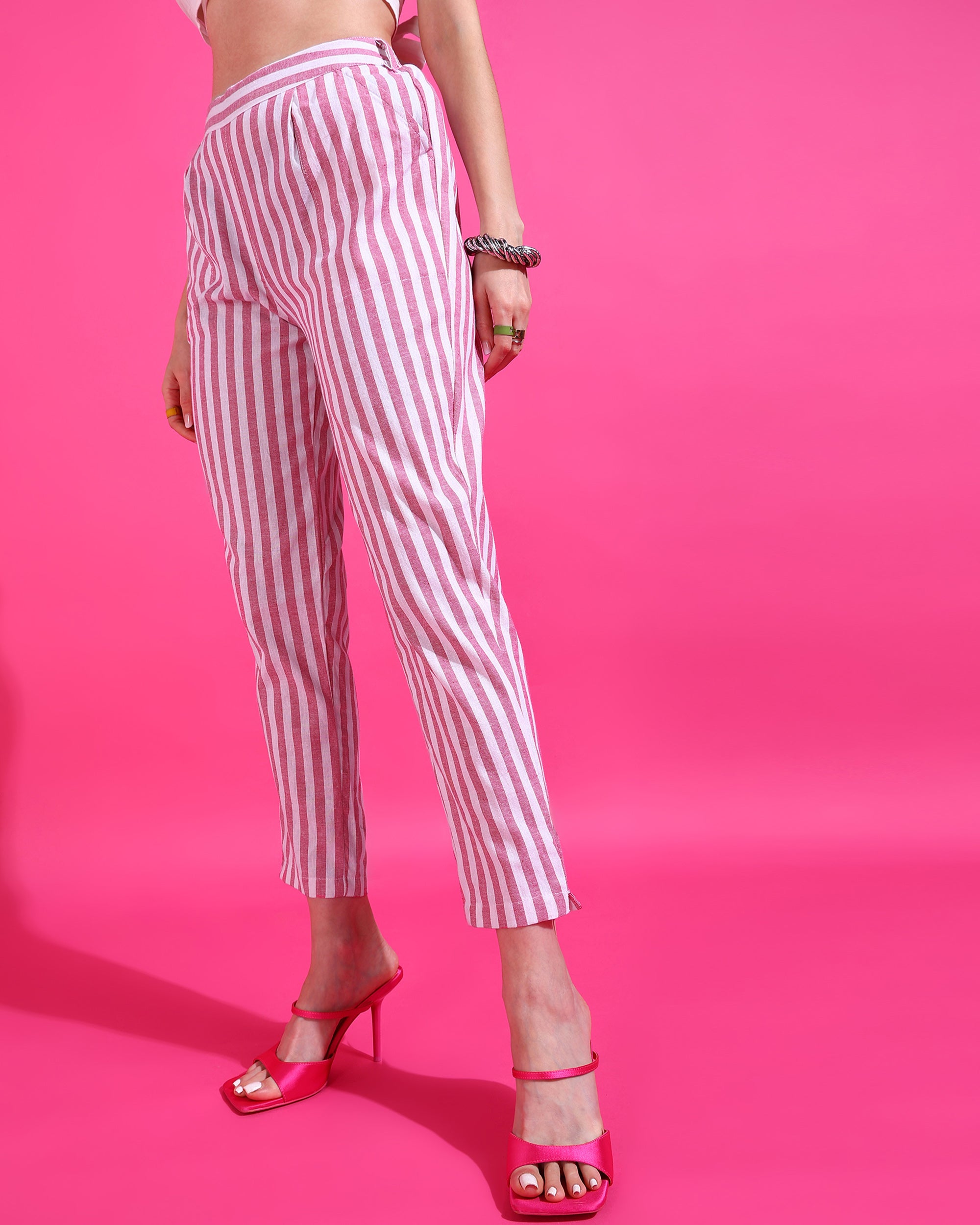 Me Craft Women Regular Fit Red White Striped Cotton Blend Trousers