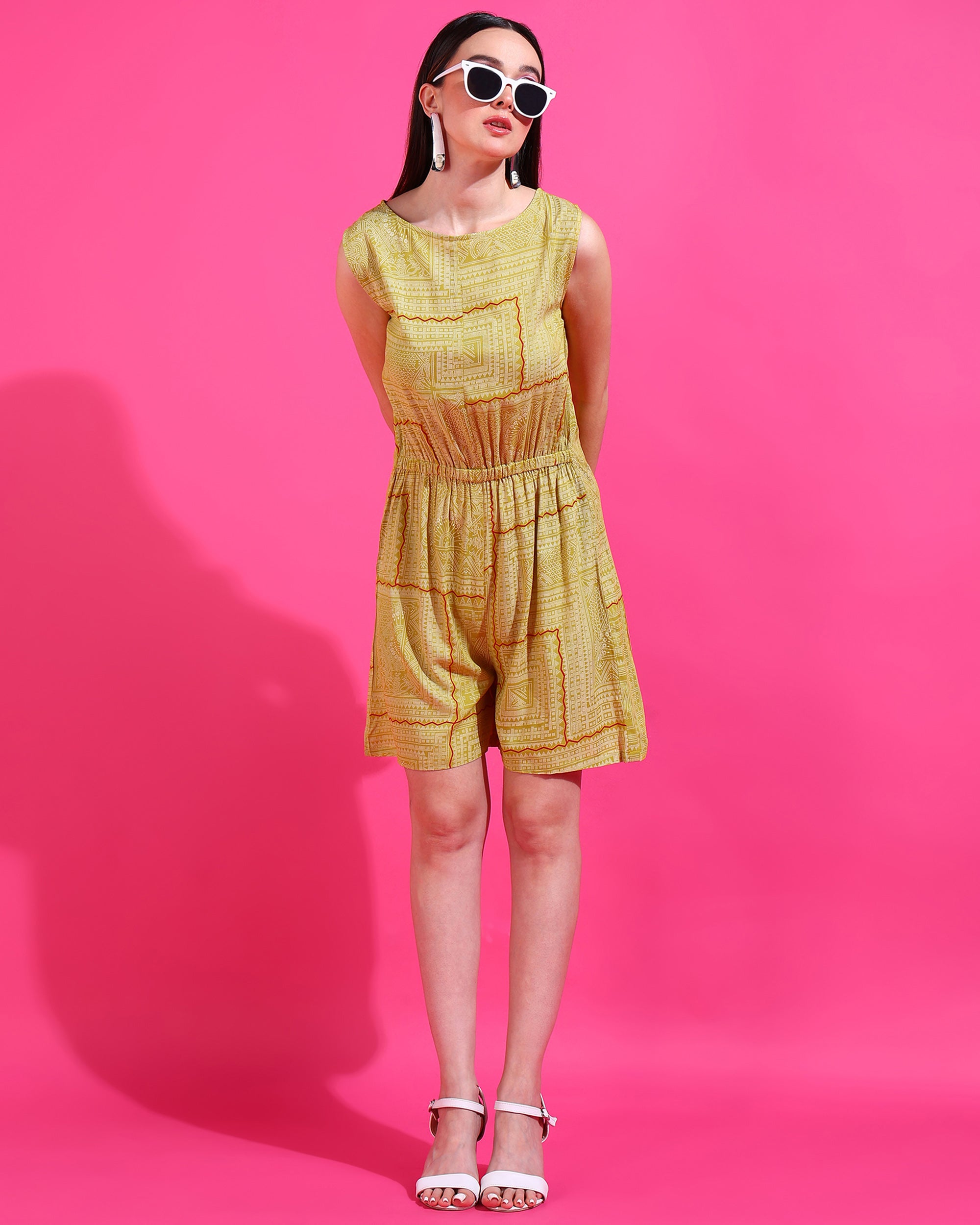 Me Craft Yellow Printed Short Jumpsuit For Women