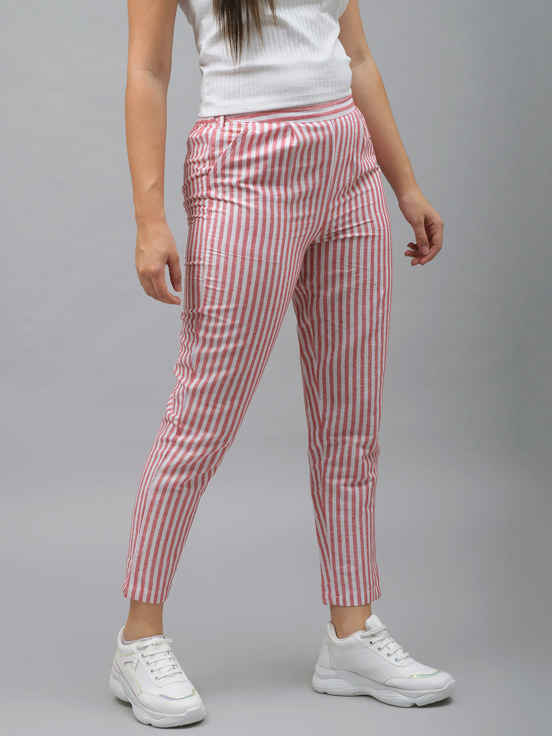 Me Craft Women Regular Fit Red Striped Cotton Blend Trousers
