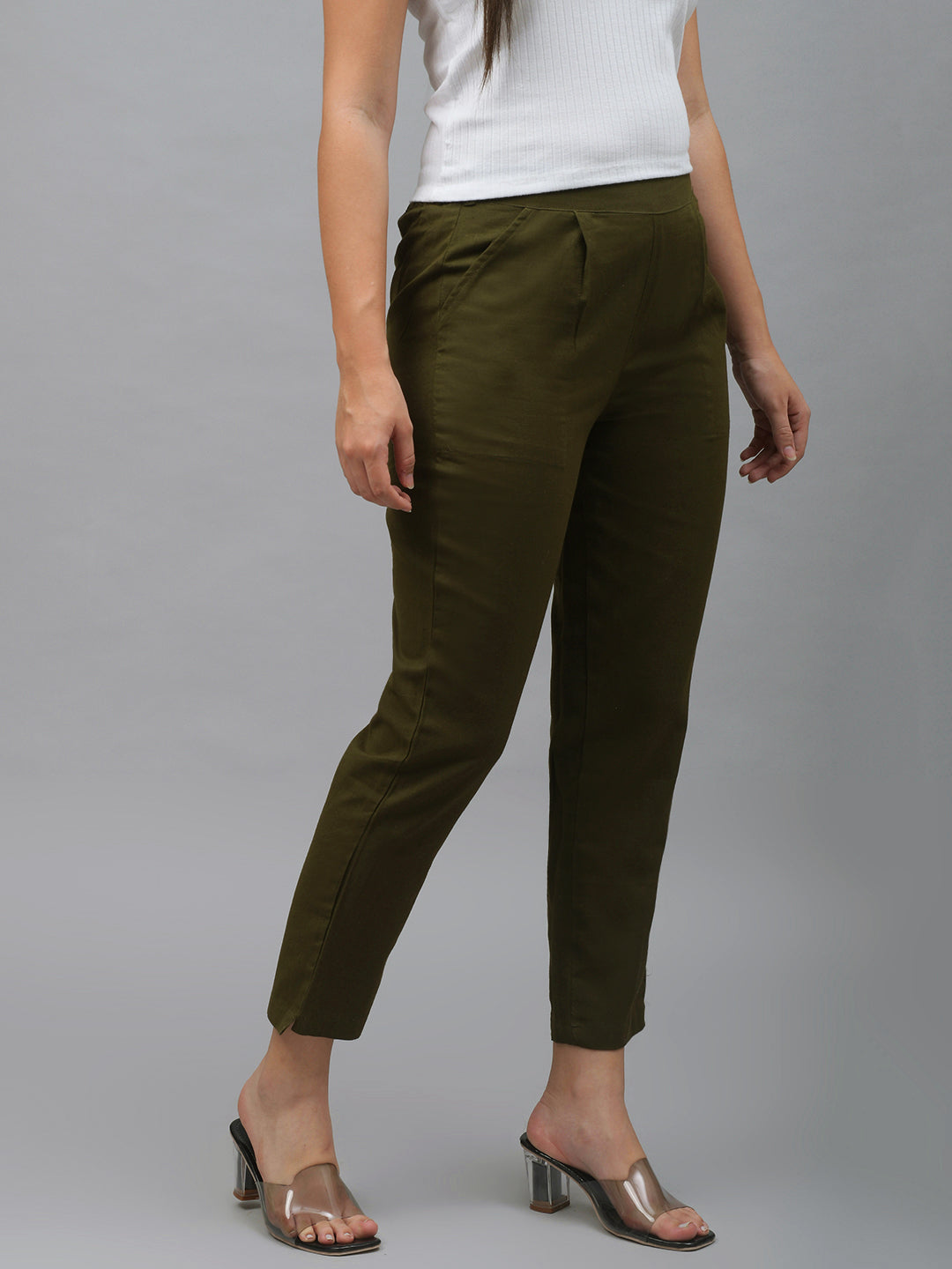 Me Craft Women Regular Fit Dark Green Cotton Blend Trousers