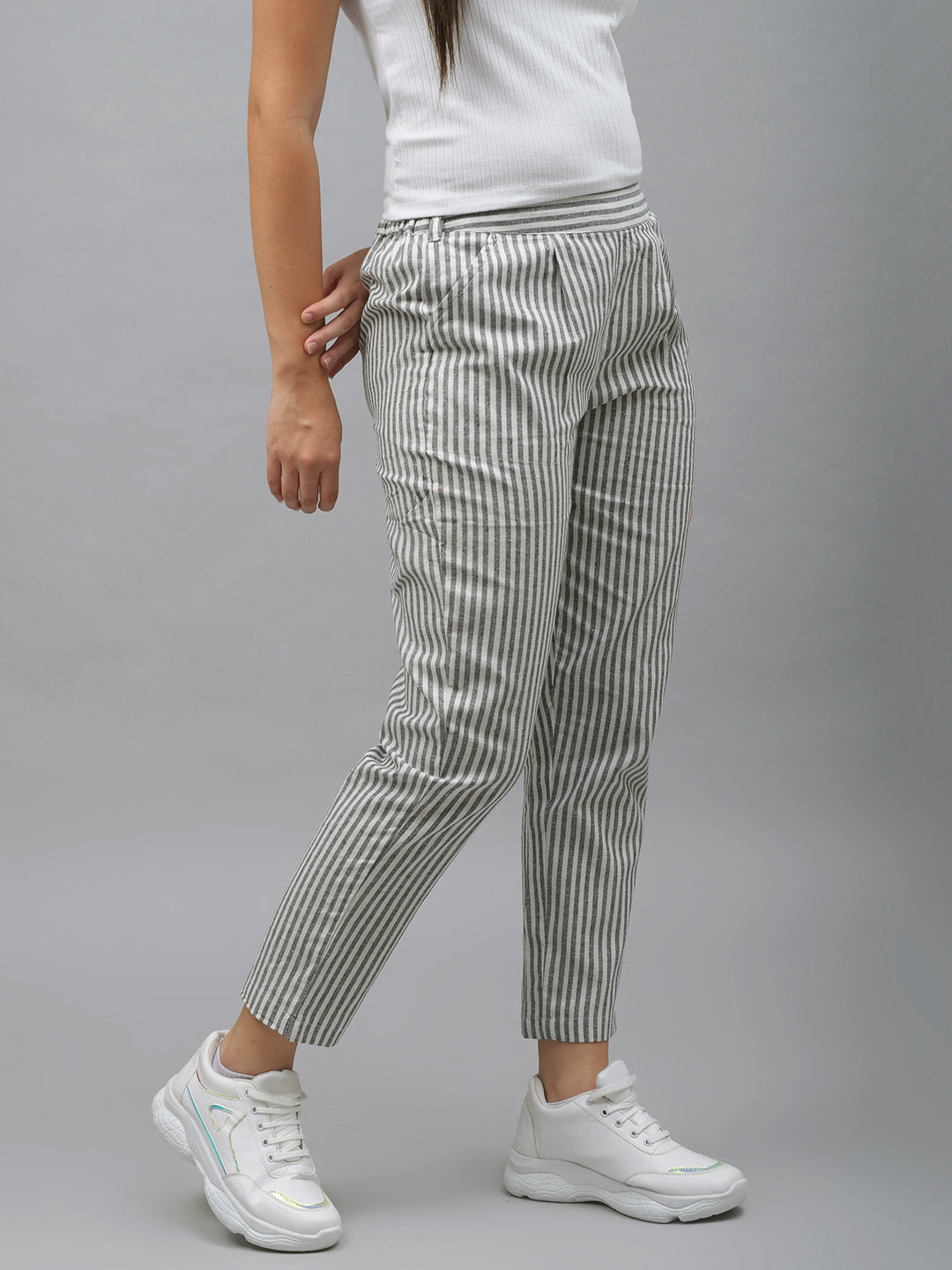 Me Craft Women Regular Fit Black Striped Cotton Blend Trousers