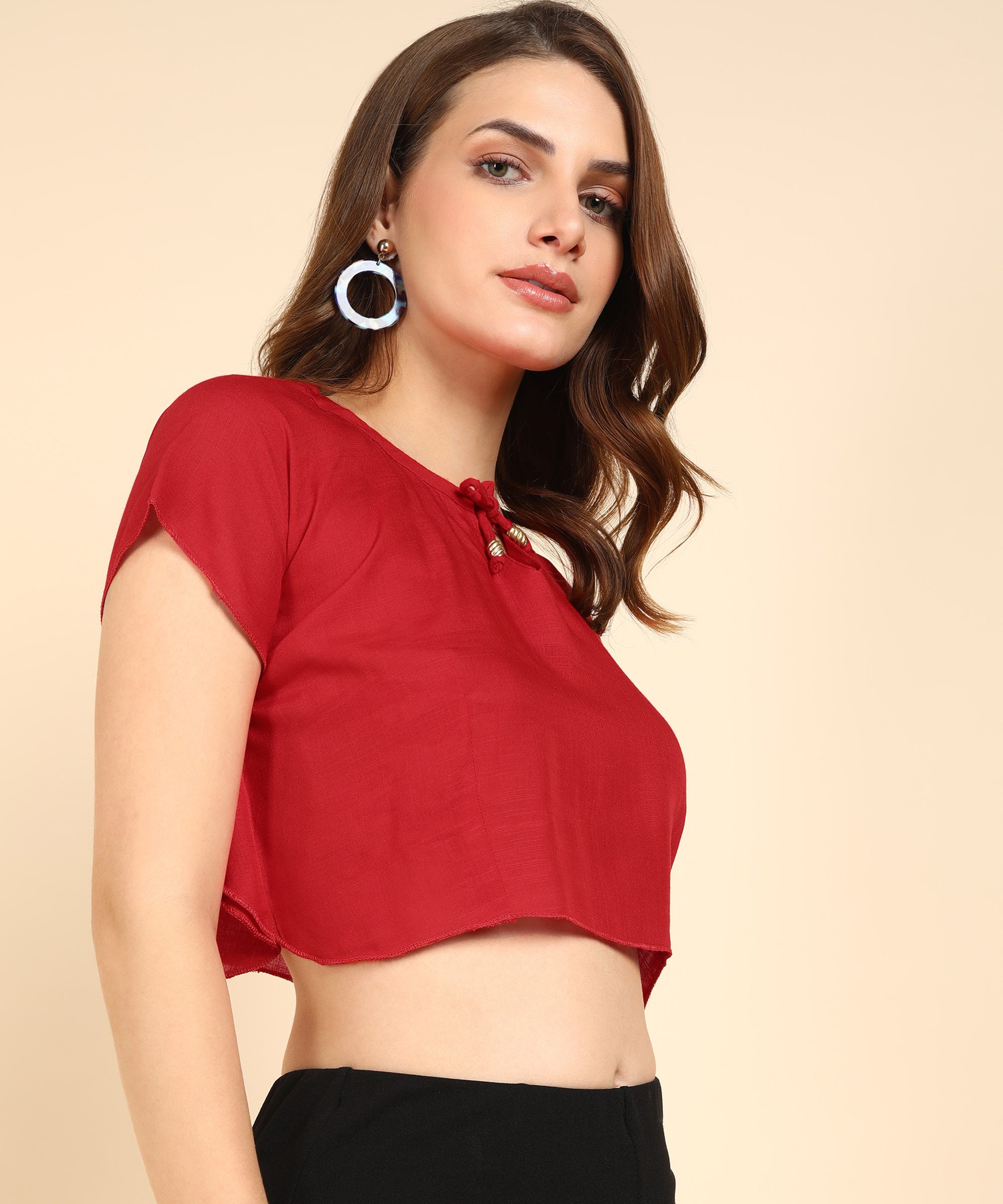 Me Craft Casual Kaftan Sleeves Solid Women Red Crop Top