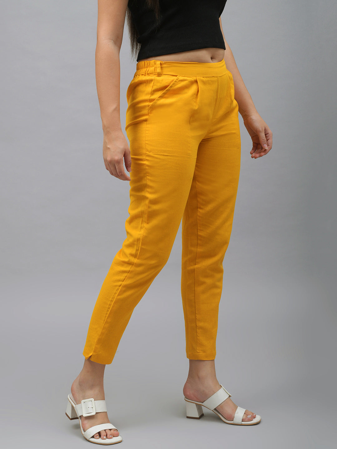 Me Craft Women Regular Fit Yellow Cotton Blend Trousers