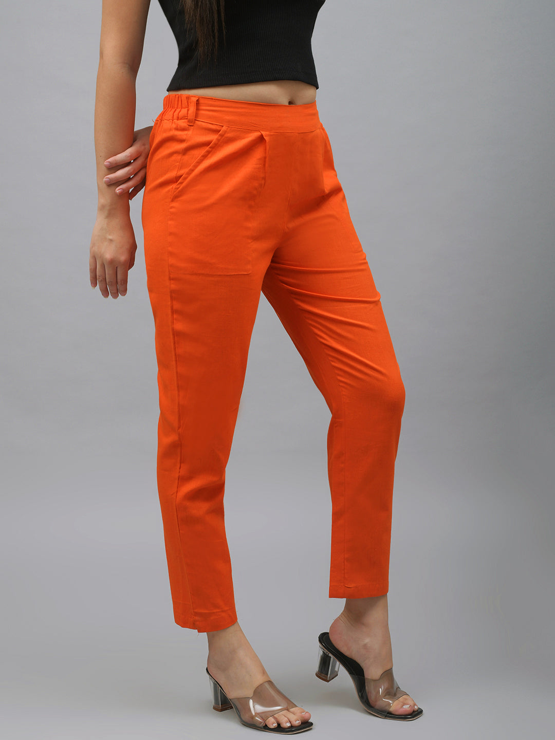 Me Craft Women Regular Fit Orange Cotton Blend Trousers