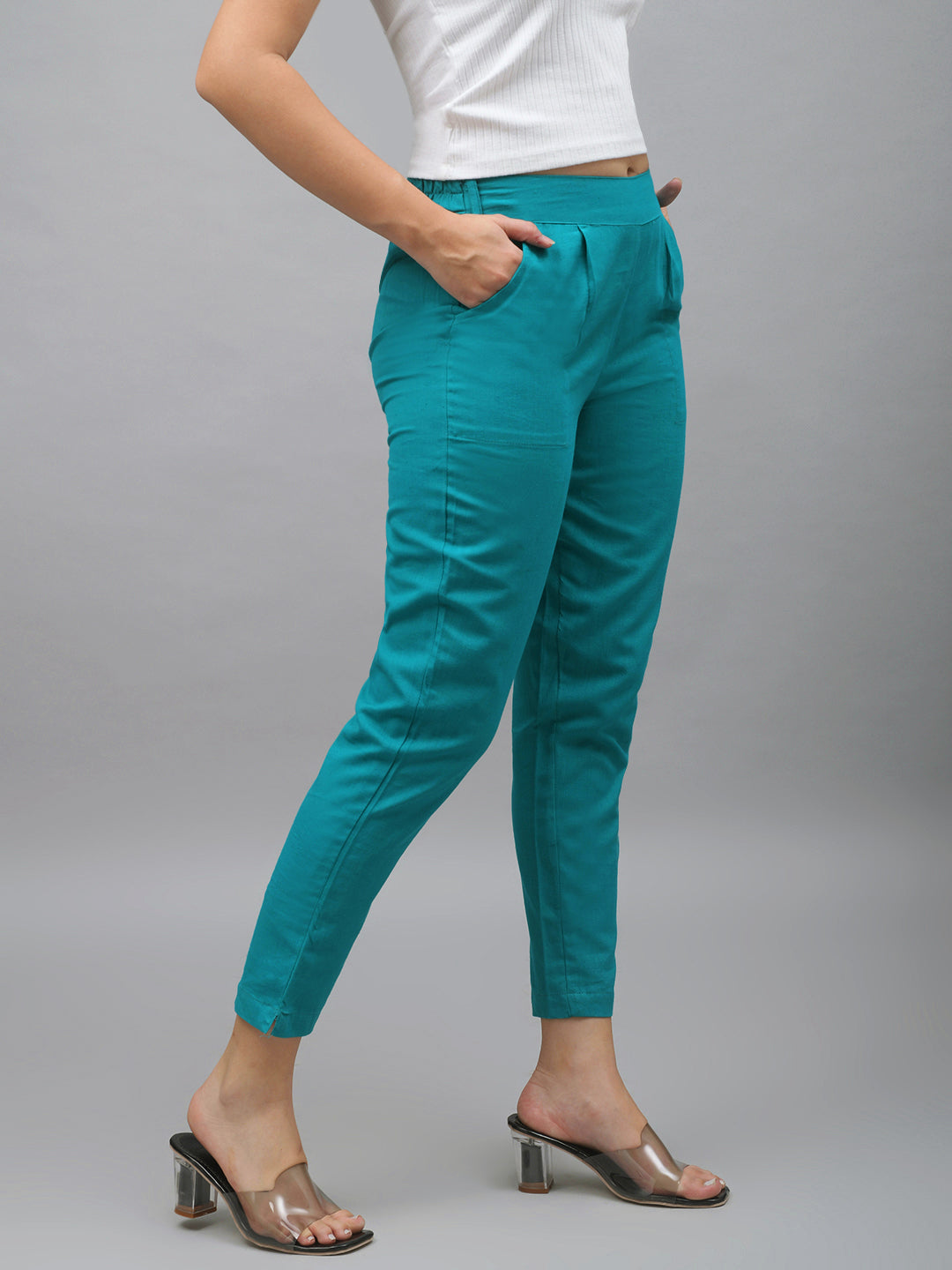 Me Craft Women Regular Fit Turquoise Blue Cotton Blend Trousers