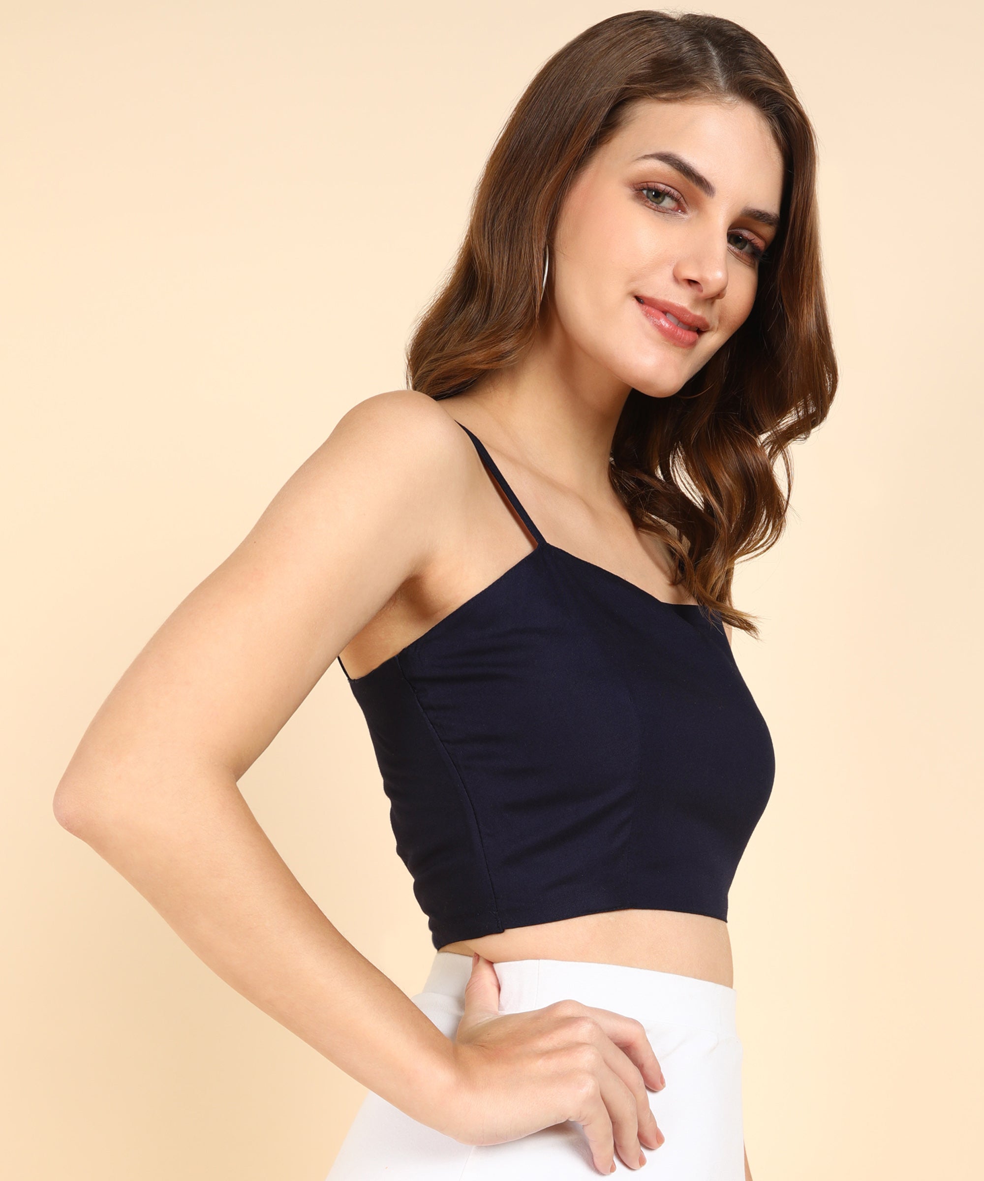 Me Craft Casual Sleeveless Solid Women Navy Blue Crop Top