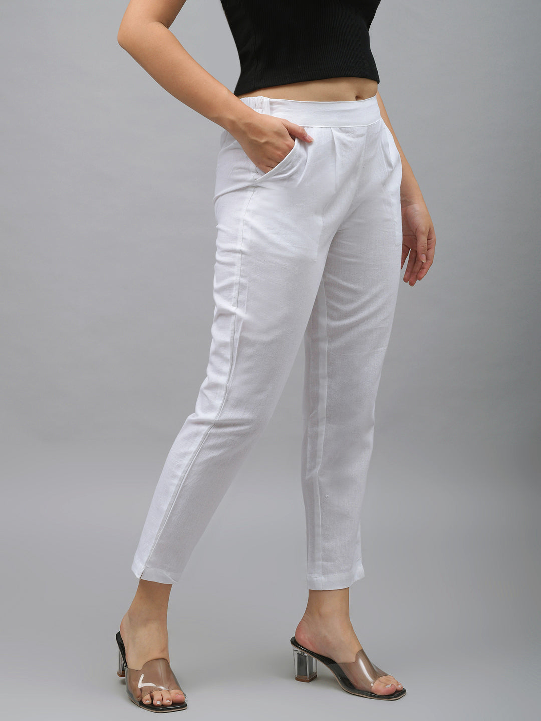 Me Craft Women Regular Fit White Cotton Blend Trousers