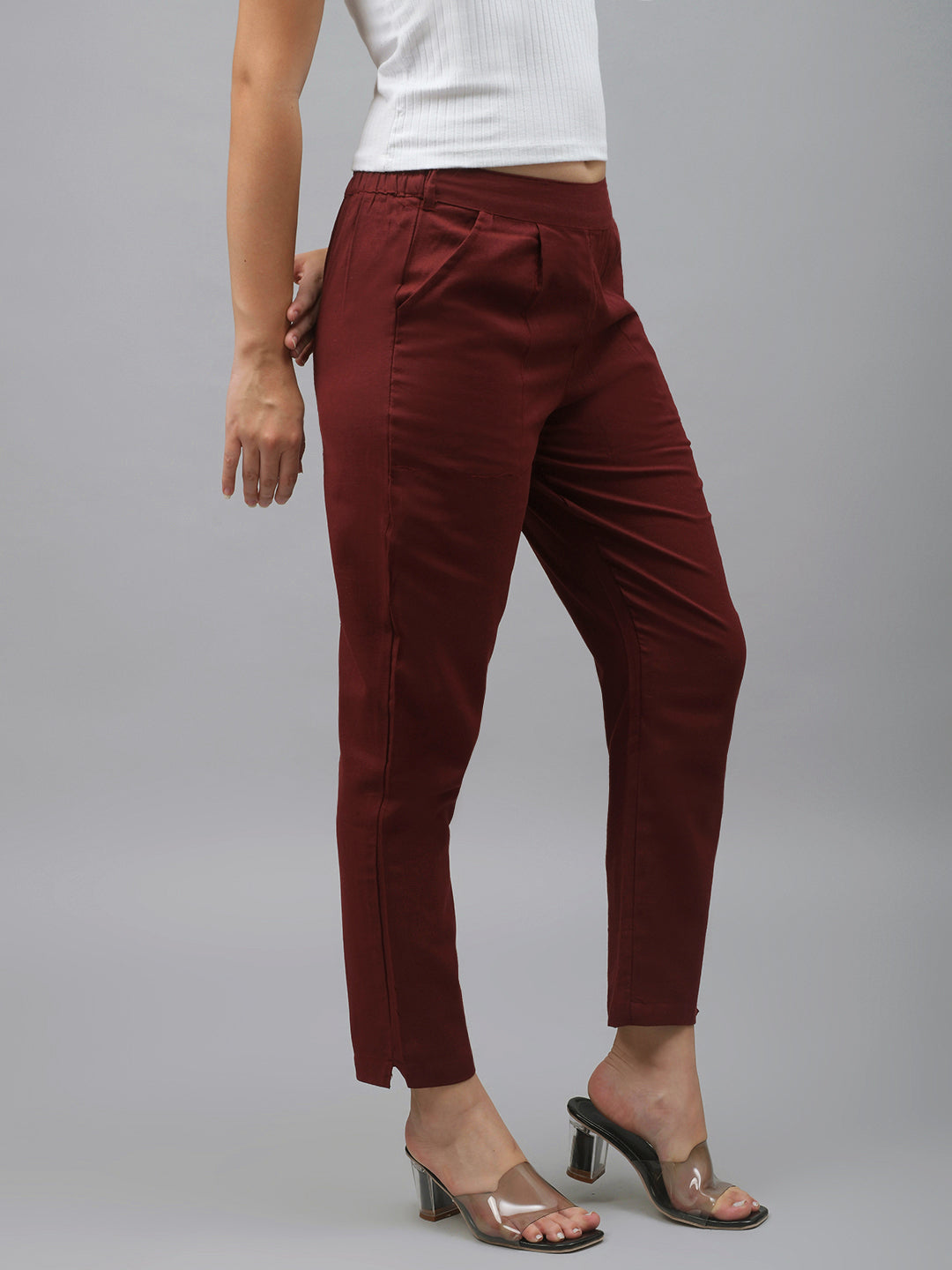 Me Craft Women Regular Fit Maroon Cotton Blend Trousers