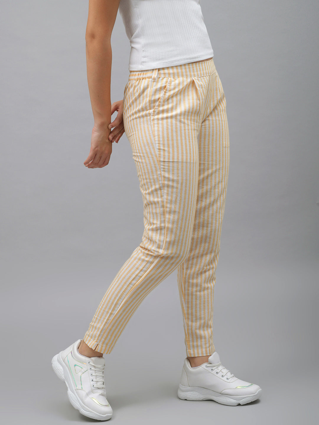 Me Craft Women Regular Fit Orange Striped Cotton Blend Trousers