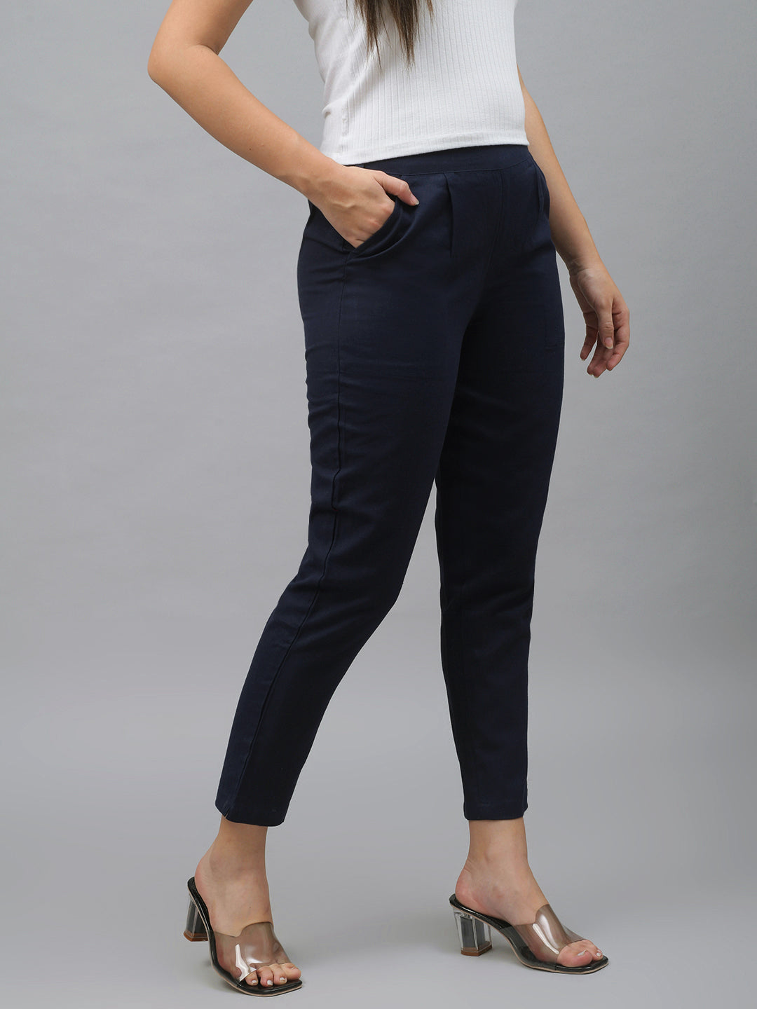 Me Craft Women Regular Fit Navy Blue Cotton Blend Trousers