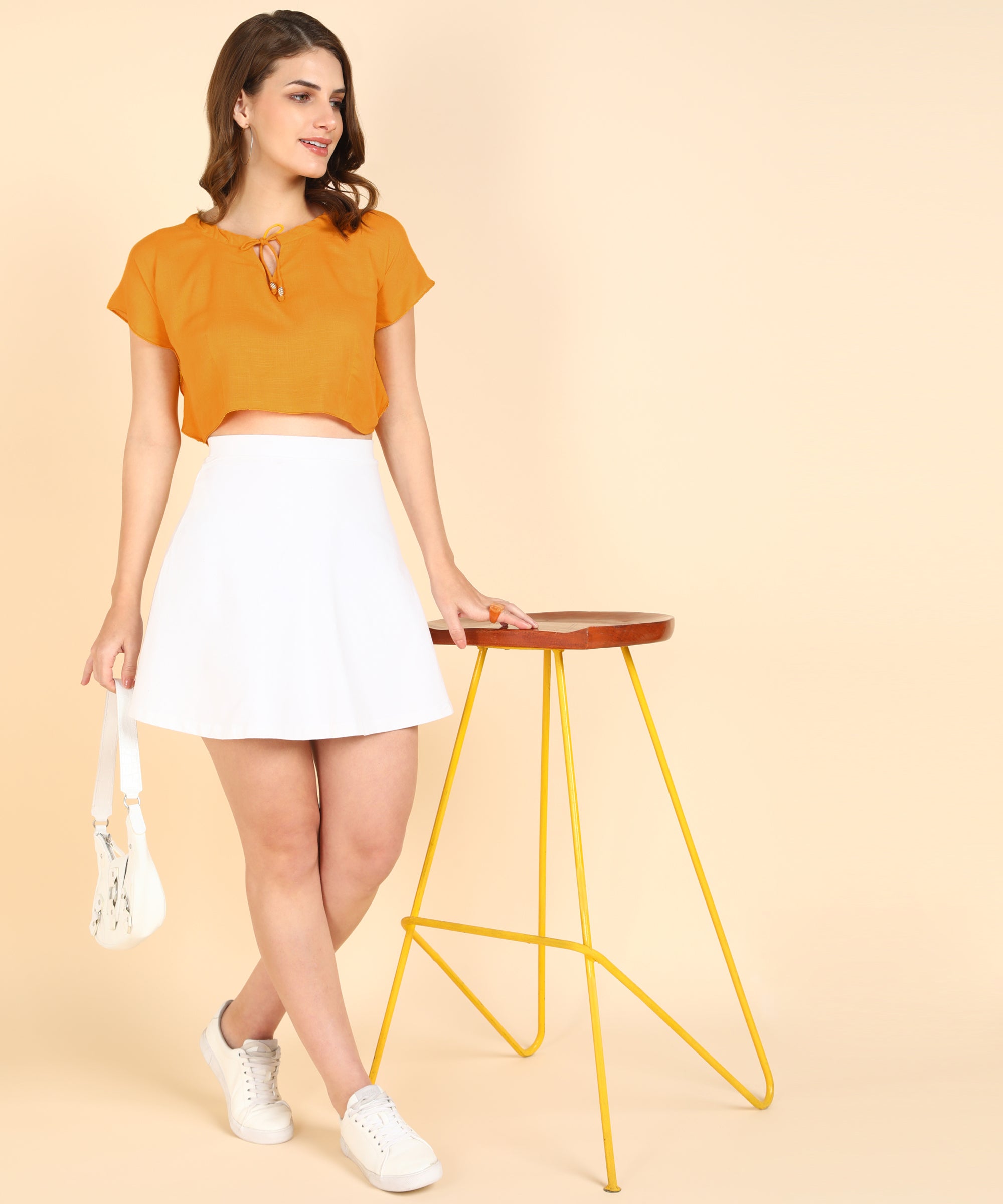 Me Craft Casual Kaftan Sleeves Solid Women Yellow Crop Top