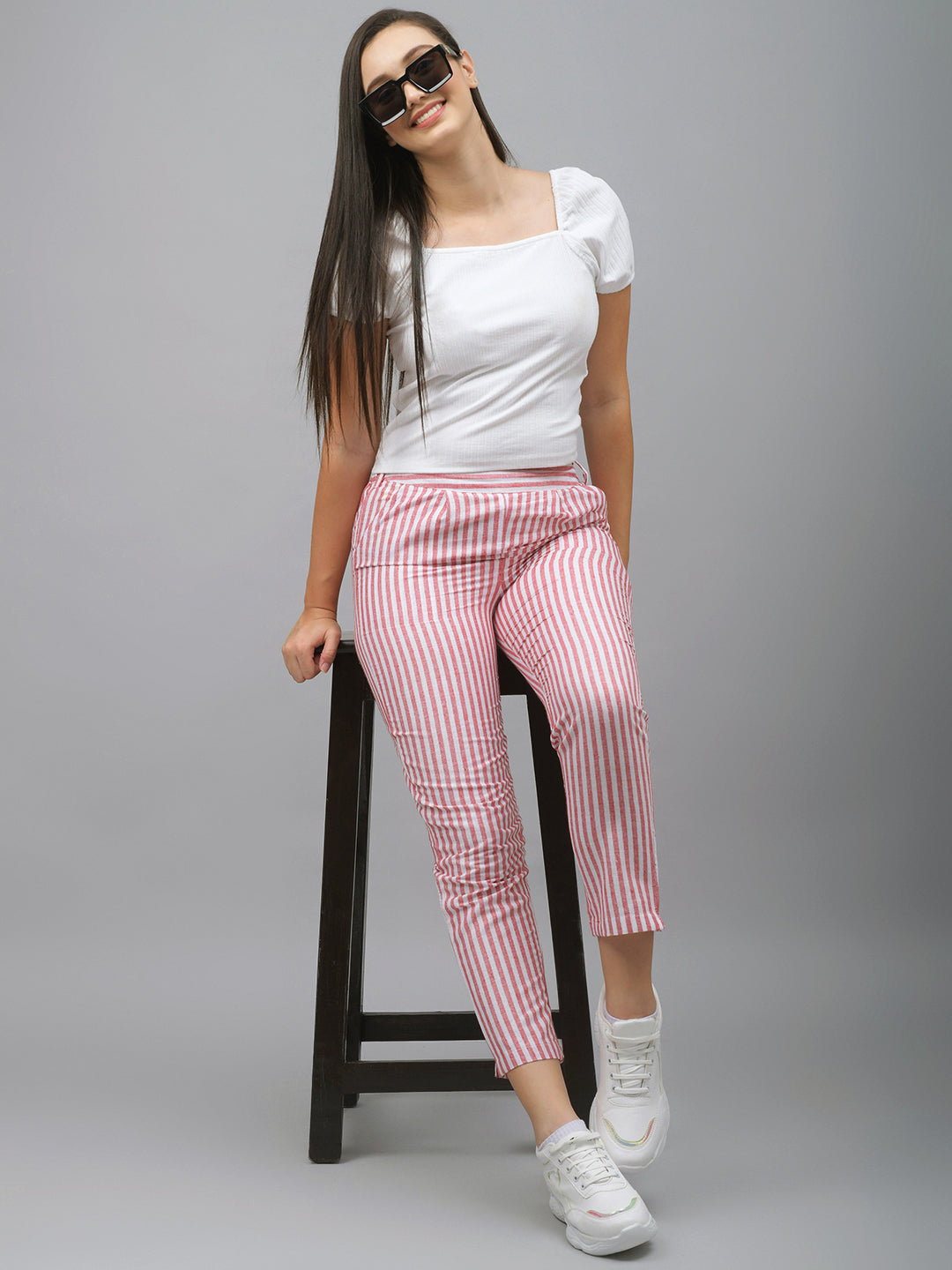 Me Craft Women Regular Fit Red Striped Cotton Blend Trousers
