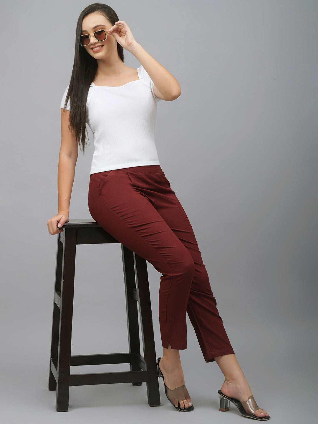 Me Craft Women Regular Fit Maroon Cotton Blend Trousers